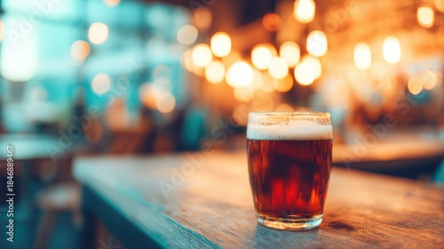 Craft beer sits on a wooden table in a lively bar atmosphere in the evening
