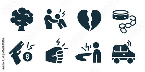 Violence and abuse excellent icon collection. Set of emotional stress, physical assault, broken heart, handcuffs, gun threat, fist violence, intimidation gesture, car aggression icons