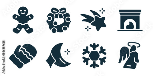 Christmas excellent icon collection. Set of gingerbread man, wreath with bow, shooting star, fireplace, winter hat, crescent moon, snowflake, angel icons