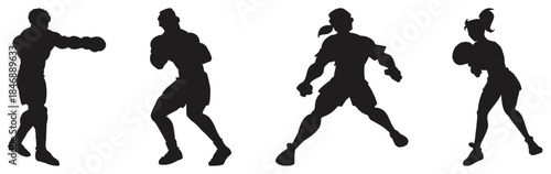 Boxing Fighters Silhouette Action Poses Set.