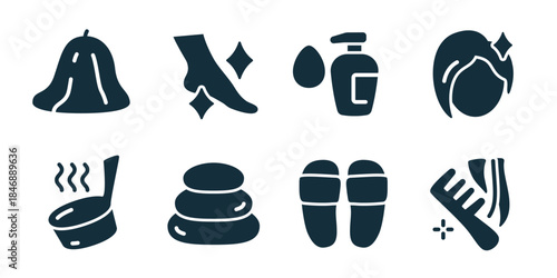 Spa sauna excellent icon collection. Set of sauna hat, foot care, body lotion, clean skin, hot ladle, stacked stones, slippers, exfoliation brush icons