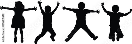 Happy children jumping silhouettes, playful kids celebrating freedom joy, childhood energy concept, isolated black vector illustration on white background backdrop