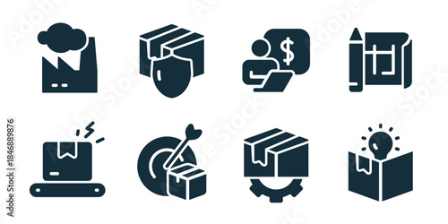 Product development excellent icon collection. Set of factory, protected package, finance planning, blueprint scroll, delivery conveyor, target package, production gear, idea box icons