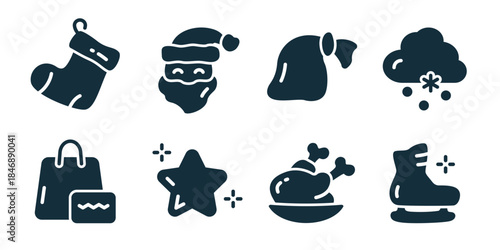 New year excellent icon collection. Set of christmas stocking, santa face, winter hat, snowfall cloud, shopping bags, star sparkle, roasted turkey, ice skate icons