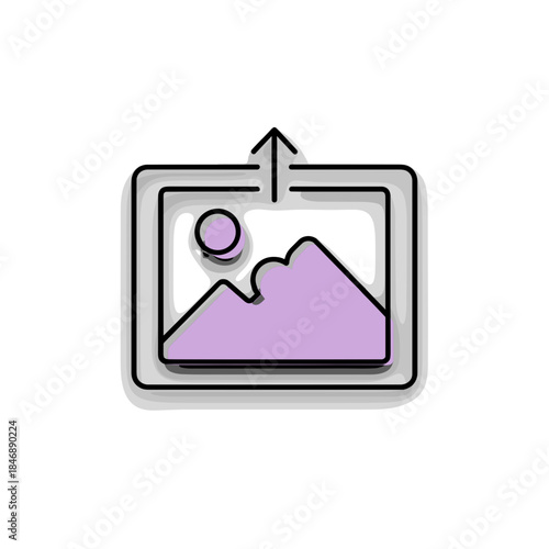 Icon of image upload featuring mountains and sun in purple  