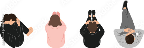 People sitting top view illustration set, men and women relaxed seated poses, casual lifestyle characters, overhead perspective flat vector design