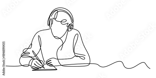 Minimalist continuous line drawing of a person focused on writing while wearing headphones Vector, illustration