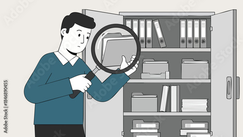 A diligent professional meticulously examining file folders within a structured office cabinet using a magnifying glass illustration