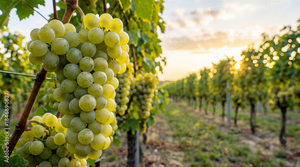 Obraz premium A large bunch of green grapes on a grape bush among rows of grape bushes in the rays of the setting warm sun.
