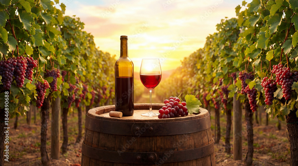 Fototapeta premium Glass of red wine and a bottle of wine stand on an old oak barrel against the backdrop of vineyards in the evening sunset.
