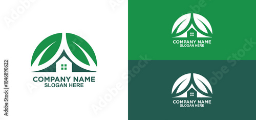 Eco Friendly Home Logo With Green Leaves And Roof Shape For Sustainable Living Brand Identity