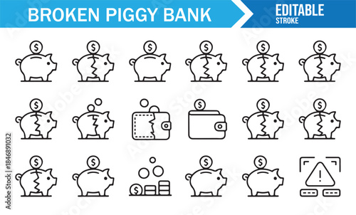 Editable broken piggy bank and savings icons in outline vector style