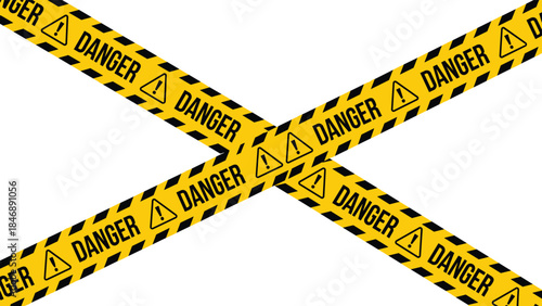 Crossed danger tape warning illustration, caution barrier concept, hazard safety sign, restricted area alert, construction risk, yellow black isolated
