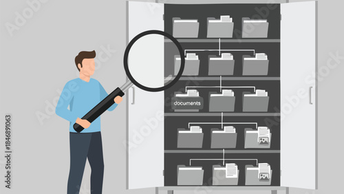 Man with magnifying glass inspecting document hierarchy in a modern digital filing cabinet for efficient data management illustration