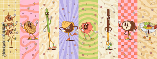 Cartoon groovy japanese dessert characters collage, vector asian cuisine sweet food. Funny retro rice cake mochi, cute groovy wagashi and dango dumplings, anmiti jelly and biscuit stick y2k characters