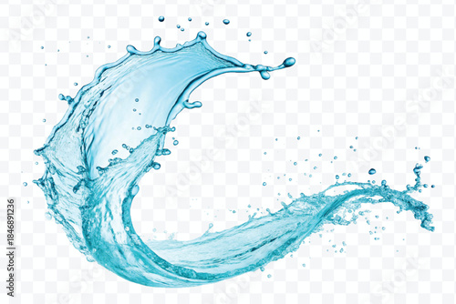 dynamic smooth liquid fresh water splash with drops in mid air cut out and curve style isolated on white background