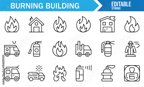 Monochrome fire safety and emergency service icon collection