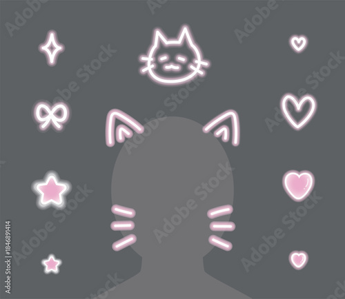 Pink Neon Cat Ears and Whiskers Doodle Set