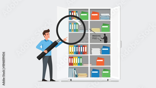 Cartoon person examining office filing cabinet for a missing document illustration showing data search concept