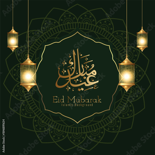 Beautiful eid mubarak greeting card design with mandala golden lamp green background