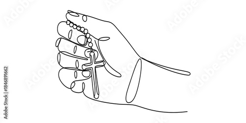 A minimalist continuous line art depiction of a hand gripping a rosary during prayer Vector, illustration