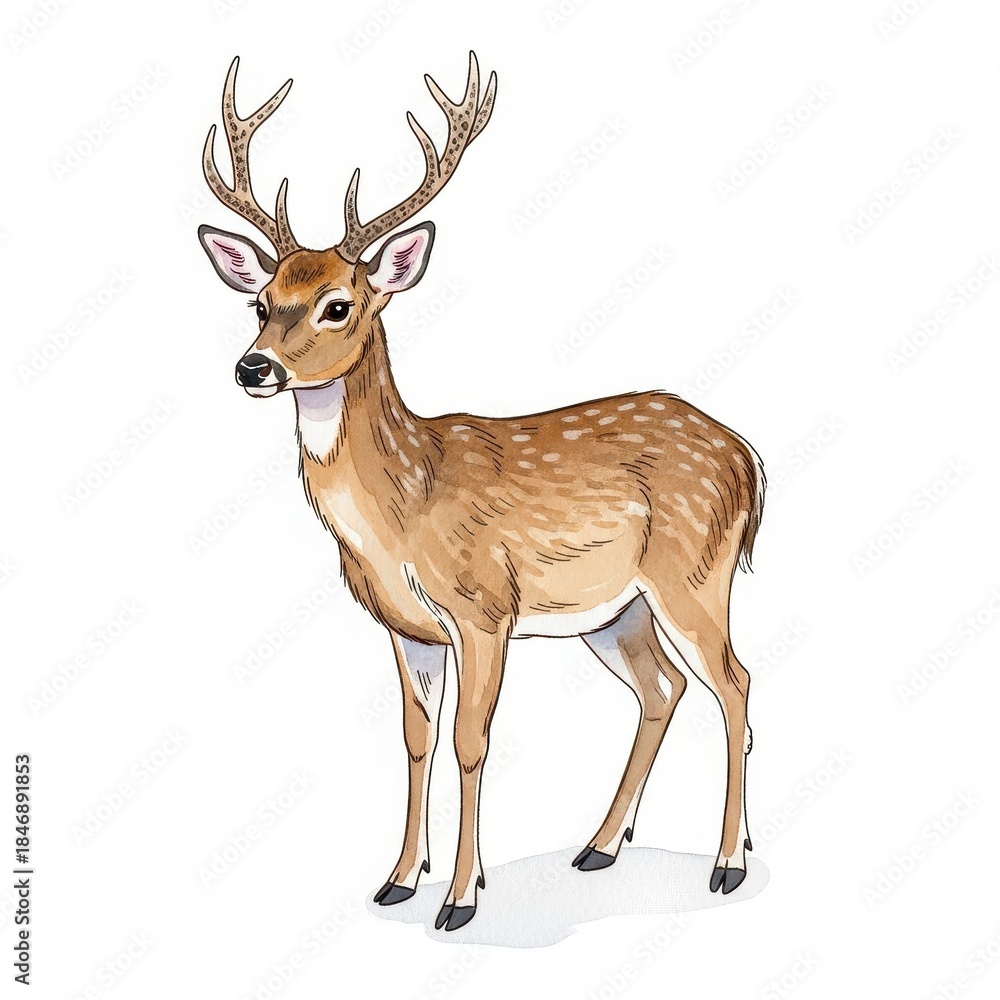 Fototapeta premium Watercolor illustration depicts a male ungulate with distinctive antlers standing against a plain background