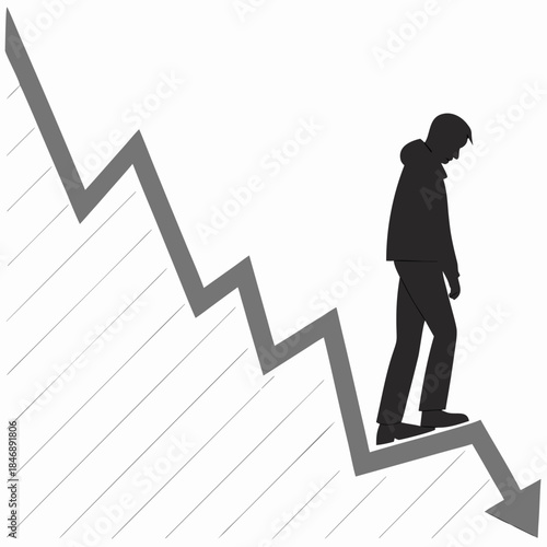 Person silhouette standing on edge of downward chart arrow