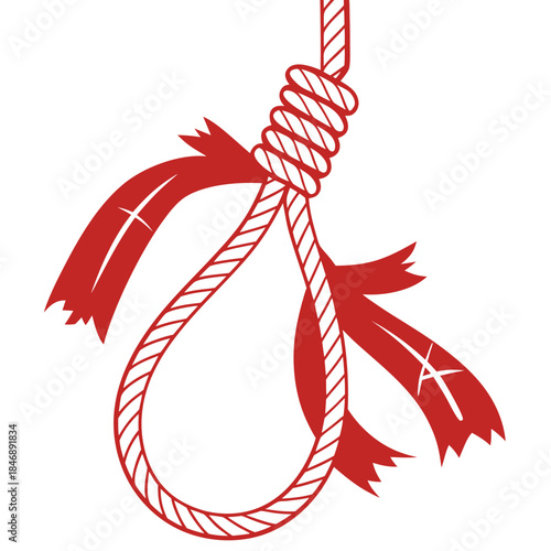 Torn red rope noose with frayed ends broken