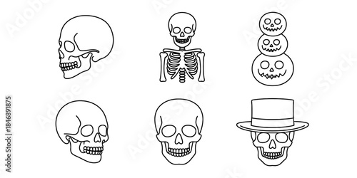 A collection of simple line art illustrations for halloween including skulls and pumpkins Vector, illustration