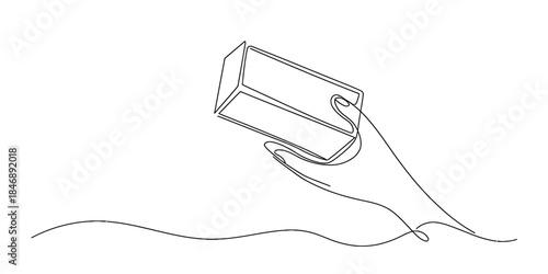 Minimalist continuous line art illustration showing a hand holding a brick or block Vector, illustration