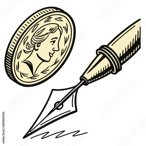 Golden coin hovering over glass arrow tip on white background