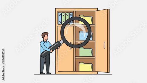 Diligent man examining files in a document cabinet with a magnifying glass illustration of information retrieval process