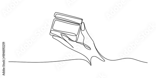Continuous line art illustration of a hand gently holding a cosmetic cream jar Vector, illustration