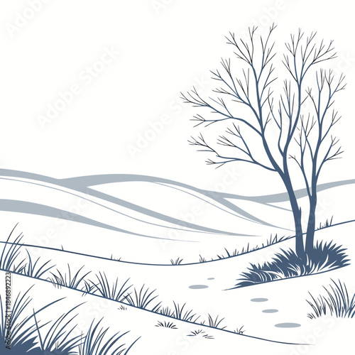 Arctic tundra landscape with bare trees and snowdrifts