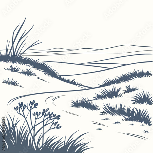 Arctic tundra landscape with grassy hills and snowdrifts