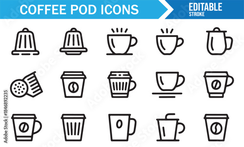 Cafe coffee pod and cup outline icons set