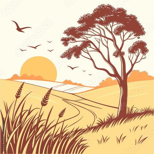 Golden prairie sunset with tree and wheat