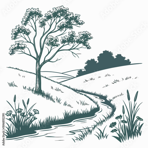 Minimalist green of a tree on a meadow plateau with a small creek