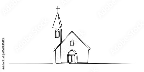 Minimalist single continuous line drawing of a church building with a steeple and cross Vector, illustration