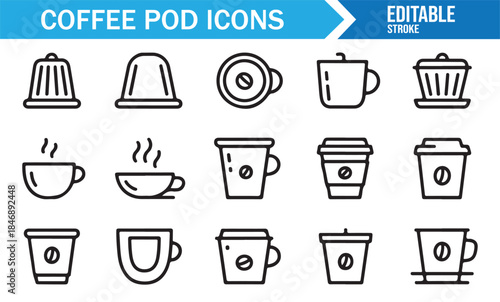 Monochrome coffee pod and takeaway cup icon collection