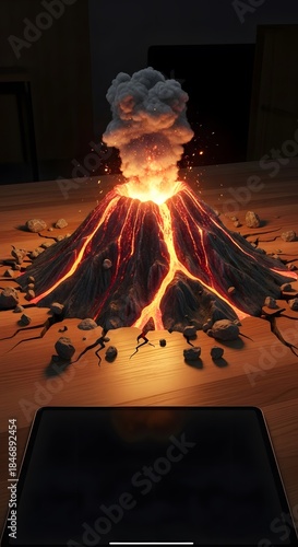 Realistic Volcano Eruption Model with Glowing Lava and Smoke.