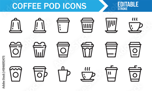 Coffee beverage and espresso capsule icons in modern linear design