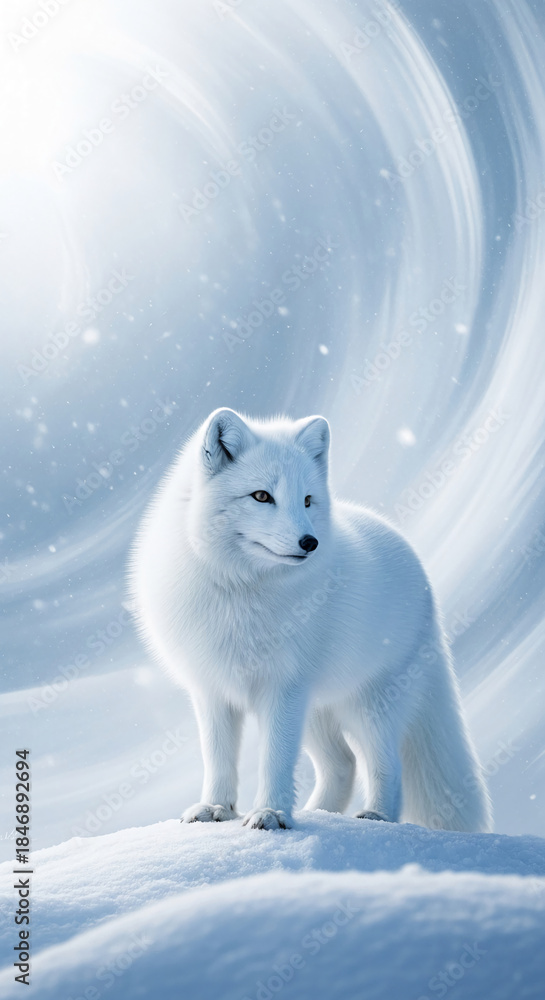 Obraz premium Image of a white arctic fox standing on snowy ground, against an abstract blue and white background. Represents wilderness and adaptation to a cold climate.