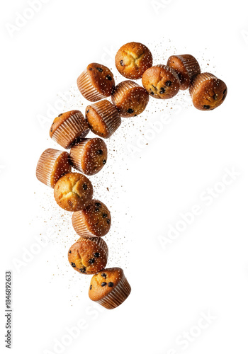 Close Up Of Floating Mini Muffins With Chocolate Chips And Colorful Sprinkles Against A Transparent Background