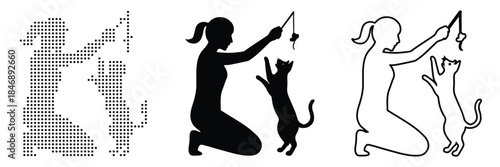 Playful person kneeling and engaging with an energetic cat playing with a toy.