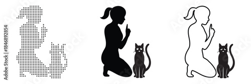 Woman gesturing for quiet with a black cat beside her, shown in silhouette and outline styles.
