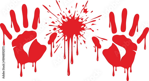 Bloody Handprints and Blood Splatter Isolated on White Background Symbolizing Crime Scene, Horror Concept, Violence Warning Illustration Graphic Design Image