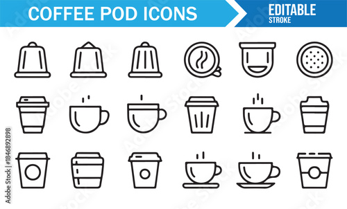 Editable coffee pod and capsule icons in clean outline vector style
