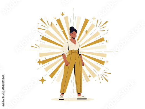 Confident woman standing in mustard pants before a golden starburst
