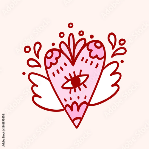 Whimsical heart decorated with flower, eye, wings. Symbol of love. Scandinavian hand drawing illustration. Card design for valentine day, birthday, wedding
